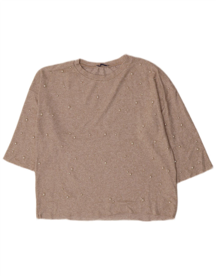 Zara Womens 3/4 Sleeve Blouse Top UK 14 Medium Beige Flecked Viscose