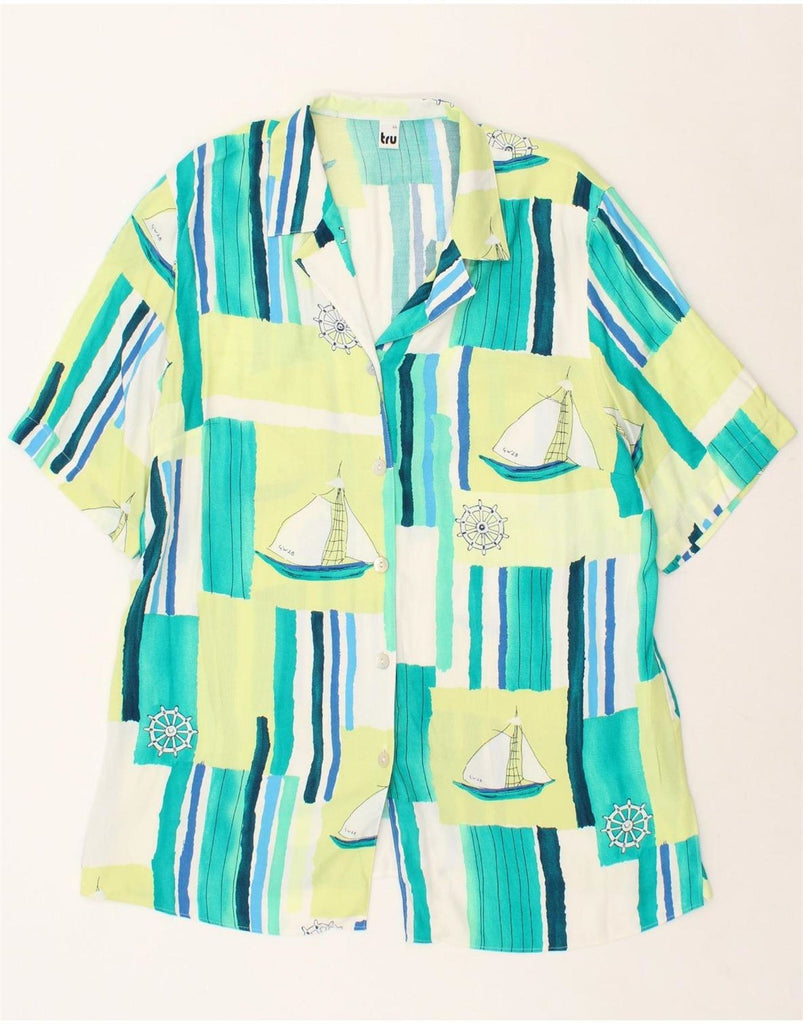 TRU Womens Abstract Pattern Short Sleeve Shirt EU 44 XL Turquoise Nautical Vintage Tru and Second-Hand Tru from Messina Hembry 