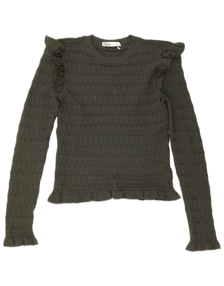Zara Womens Crop Ruffle Front Top Long Sleeve UK 8 Small Khaki Polyester
