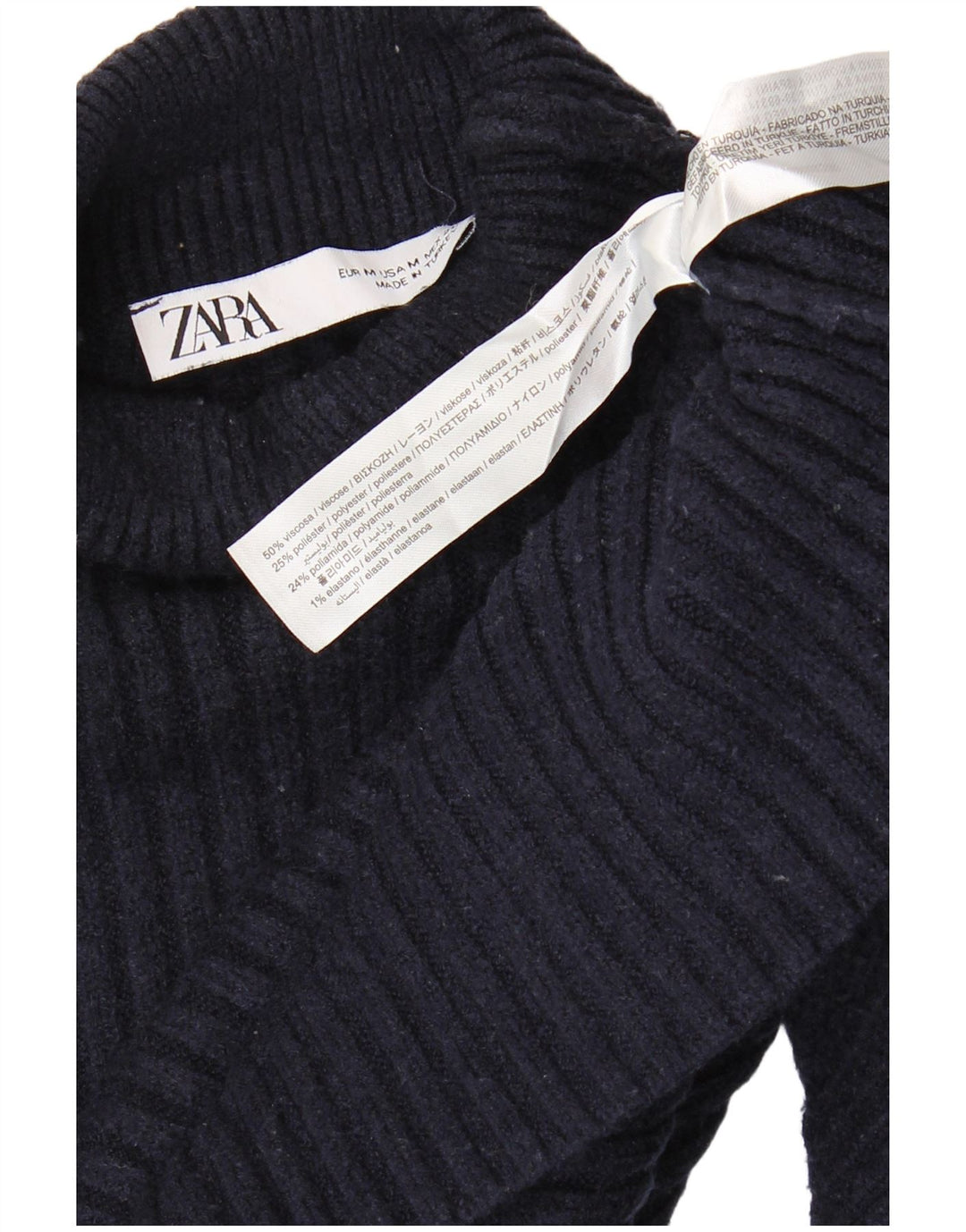Zara Womens Crop Roll Neck Jumper Sweater UK 14 Medium Navy Blue Viscose