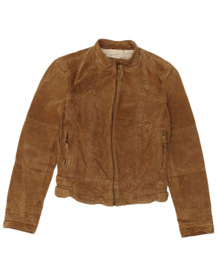 Zara Womens Crop Suede Jacket UK 12 Medium Beige Leather