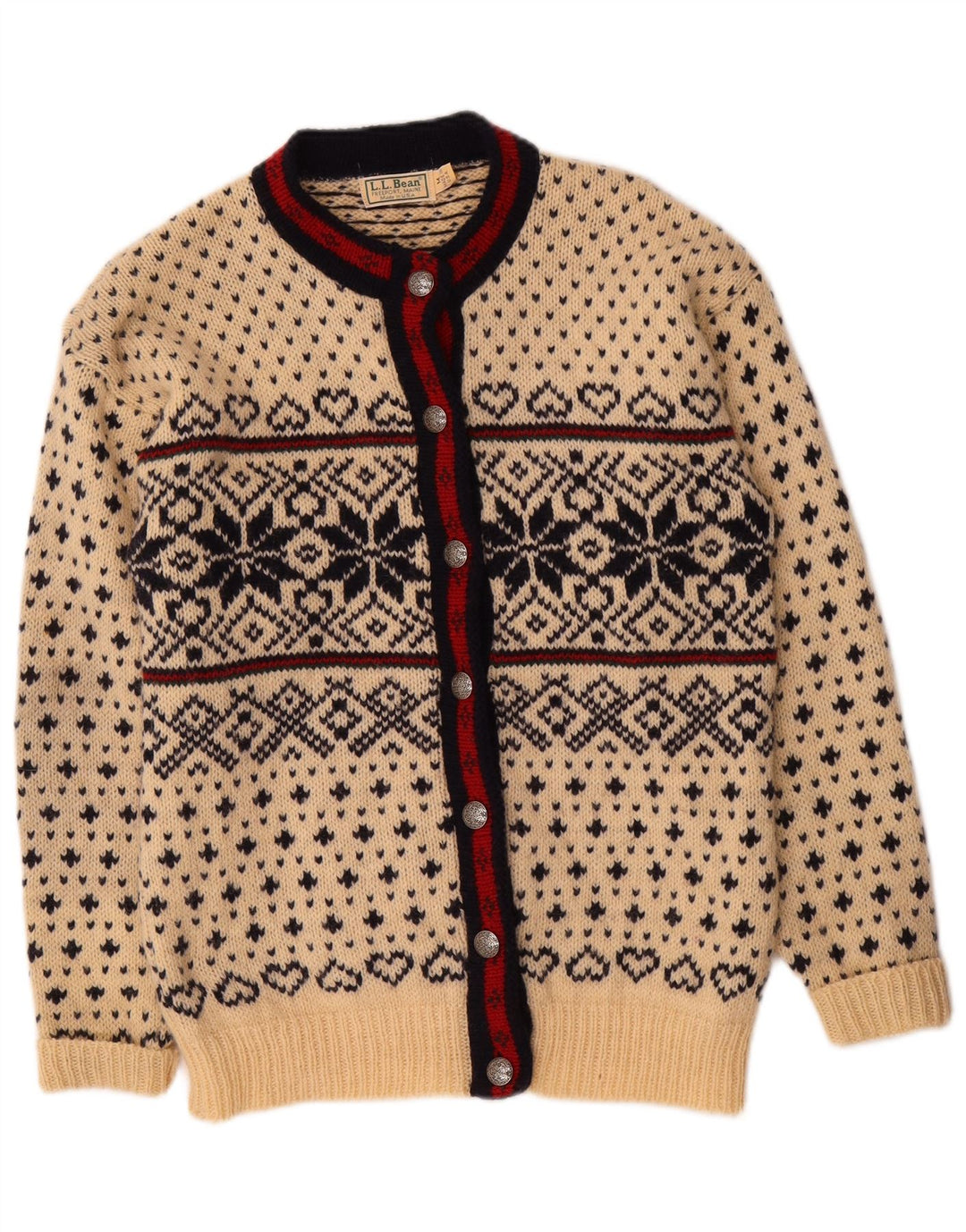 L.L.Bean Womens Cardigan Sweater UK 14 Medium Off White Fair Isle Wool