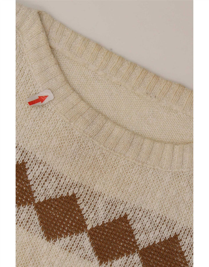 Vintage Womens Boat Neck Jumper Sweater UK 14 Medium White Geometric
