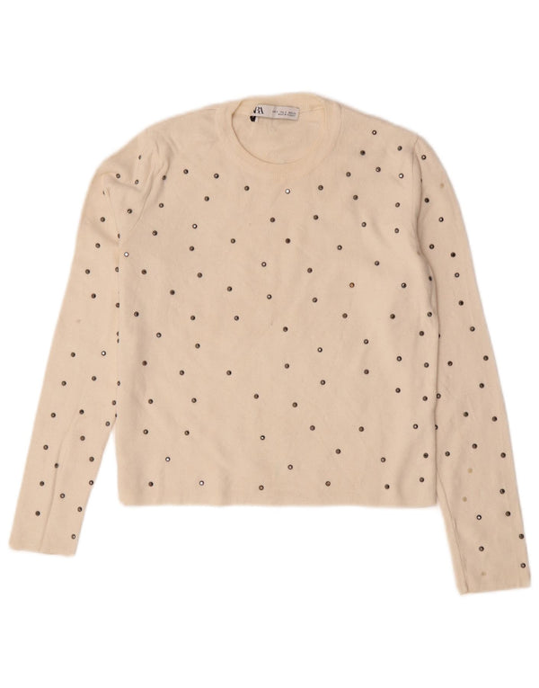 Zara Womens Top Long Sleeve UK 10 Small Off White Flecked Viscose