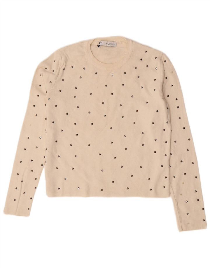 Zara Womens Top Long Sleeve UK 10 Small Off White Flecked Viscose