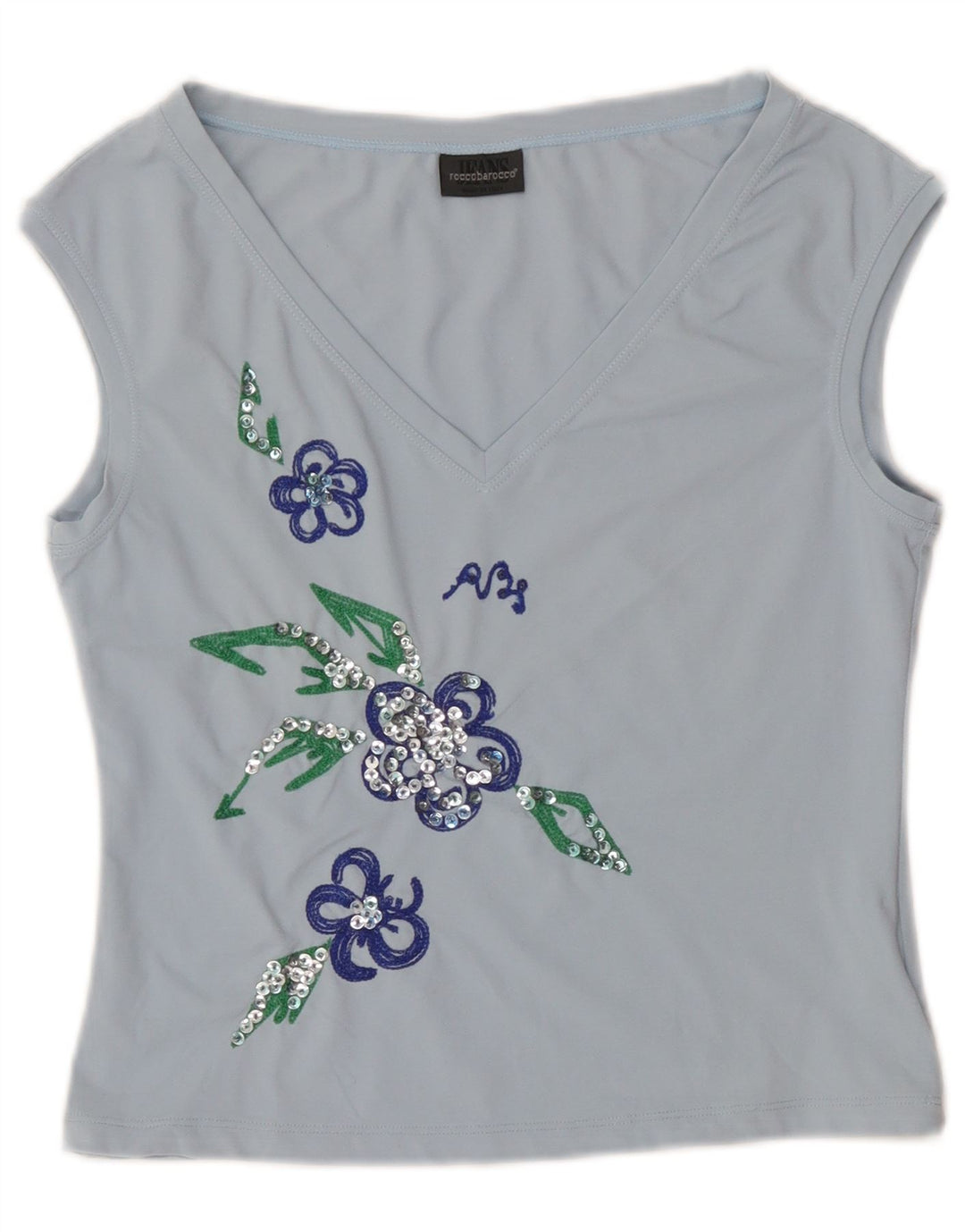 Roccobarocco Womens Crop Graphic Vest Top IT 44 Medium Blue Floral Nylon