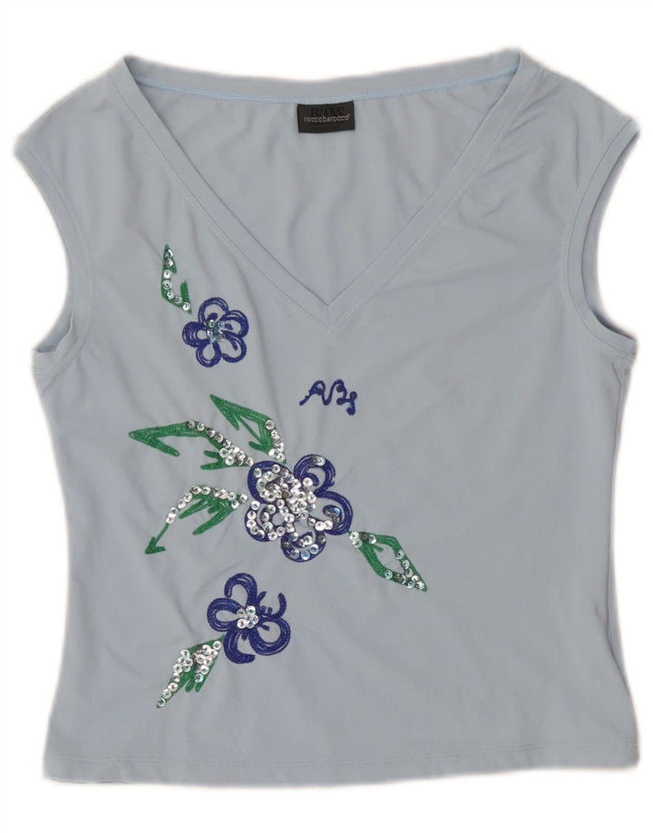 Roccobarocco Womens Crop Graphic Vest Top IT 44 Medium Blue Floral Nylon