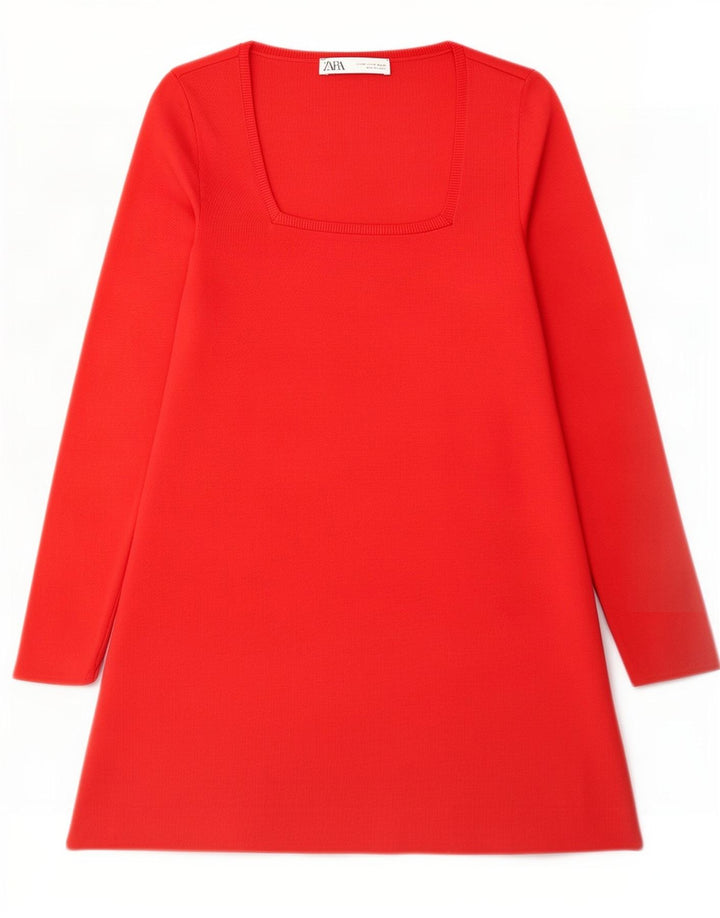 Zara Womens Long Sleeve A-Line Dress UK 14 Medium Red Polyester