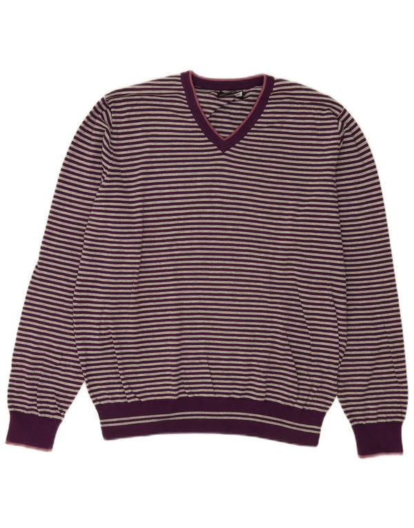 Massimo Dutti Mens V-Neck Jumper Sweater Large Purple Striped Cotton