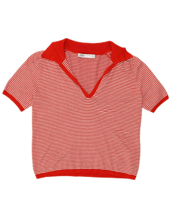 Zara Womens Polo Shirt UK 10 Small Red Striped Viscose