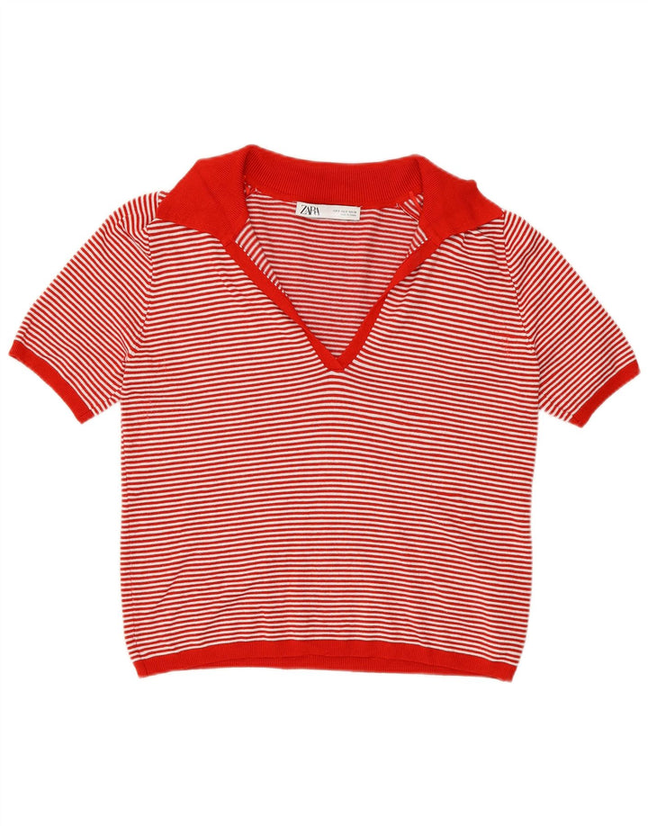 Zara Womens Polo Shirt UK 10 Small Red Striped Viscose