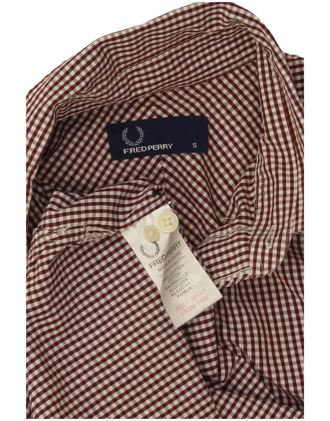 Fred Perry Mens Shirt Small Burgundy Gingham Cotton
