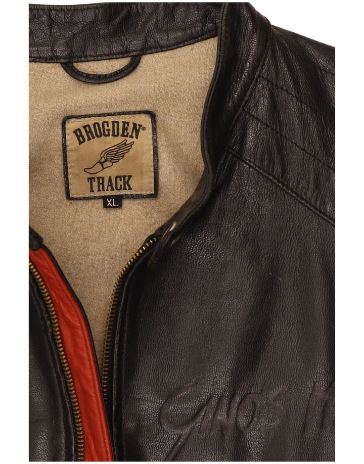 Brogden Mens Crop Graphic Leather Jacket UK 42 XL Black Colourblock