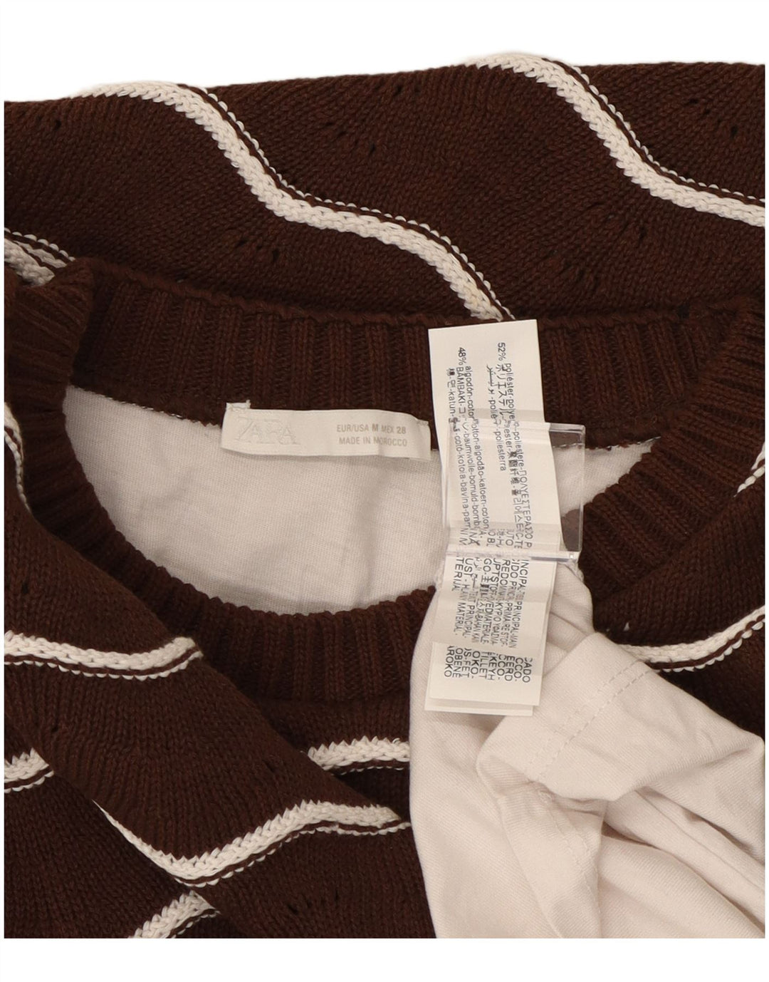 ZARA Womens Crew Neck Jumper Sweater UK 14 Medium Brown Striped