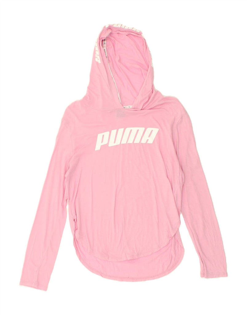PUMA Womens Hooded Graphic Top Long Sleeve UK 10 Small Pink Cotton | Vintage Puma | Thrift | Second-Hand Puma | Used Clothing | Messina Hembry 