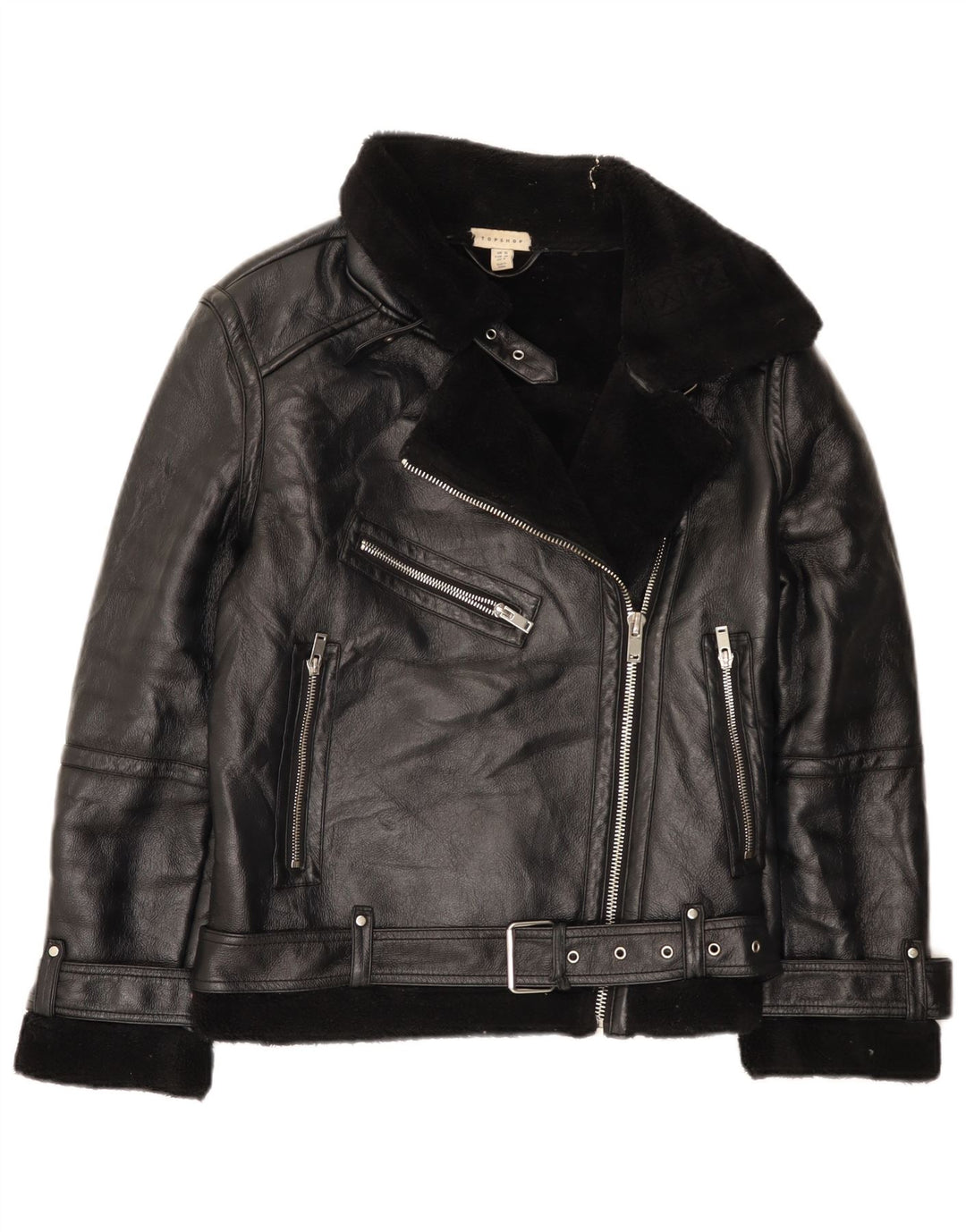 Topshop Womens Oversized Sherpa Biker Jacket UK 10 Small Black Polyurethane