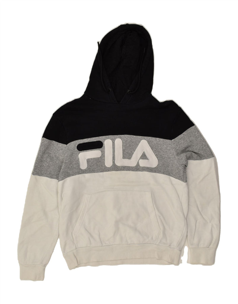 FILA Womens Graphic Hoodie Jumper UK 6 XS Grey Colourblock Cotton | Vintage Fila | Thrift | Second-Hand Fila | Used Clothing | Messina Hembry 