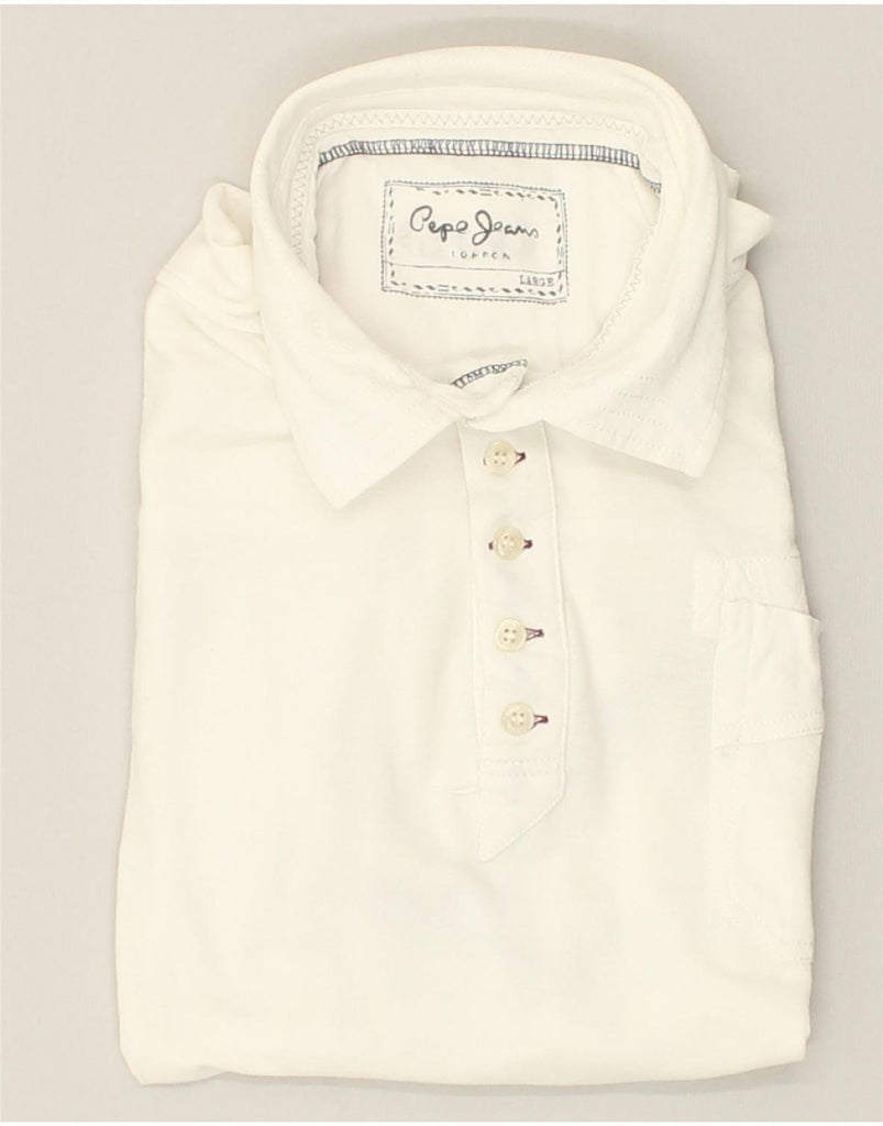 PEPE JEANS Womens Polo Shirt UK 14 Large White Cotton | Vintage PEPE Jeans | Thrift | Second-Hand PEPE Jeans | Used Clothing | Messina Hembry 