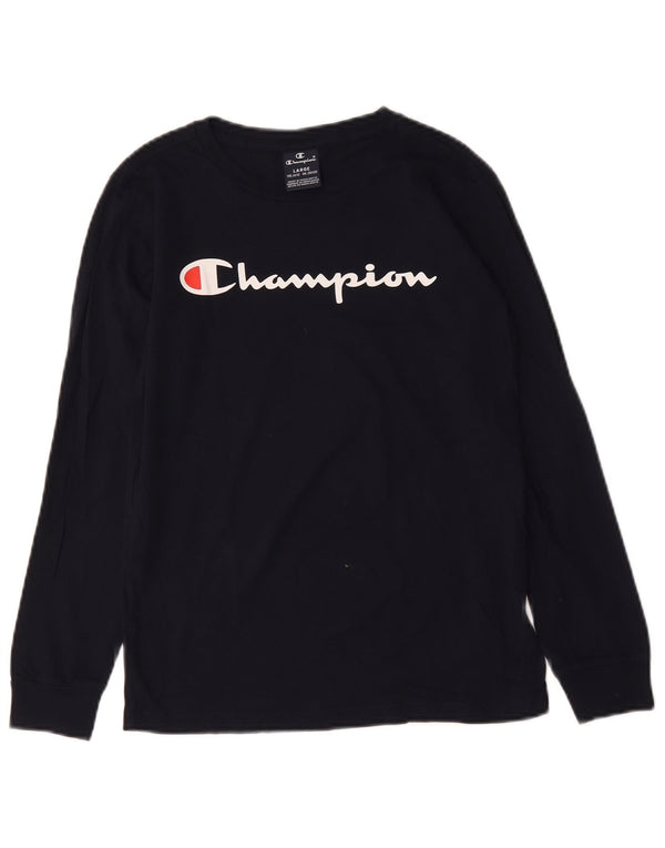 CHAMPION Boys Graphic Top Long Sleeve 11-12 Years Large Navy Blue Cotton