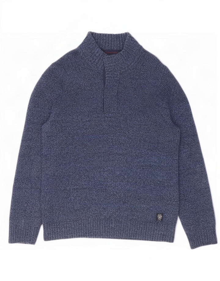 Fat Face Mens Button Neck Jumper Sweater Large Navy Blue Striped Wool