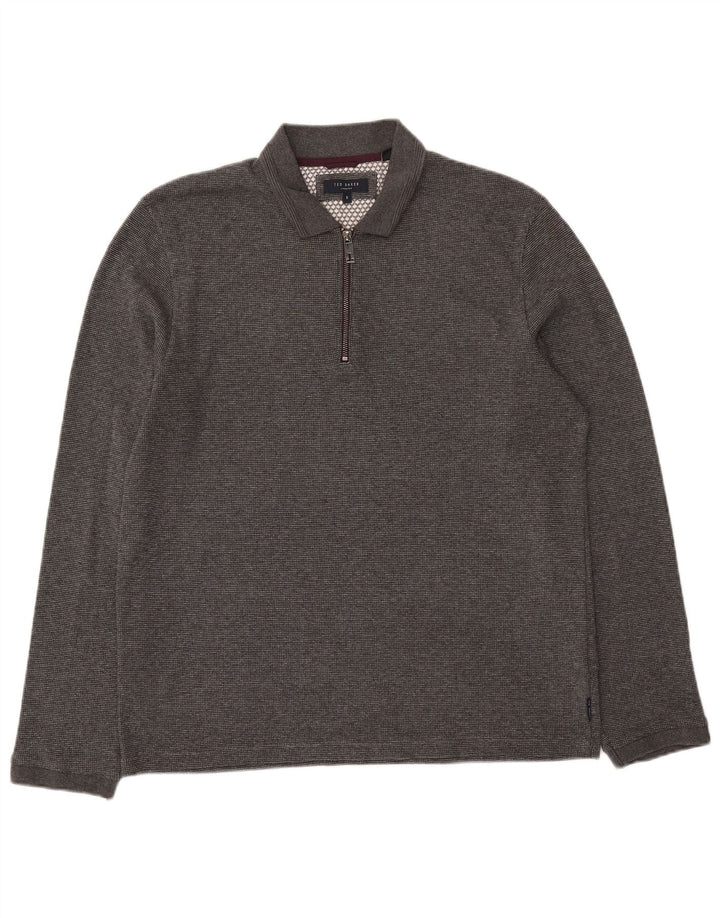 Ted Baker Mens Long Sleeve Polo Shirt Size 5 XL Grey Flecked Polyester