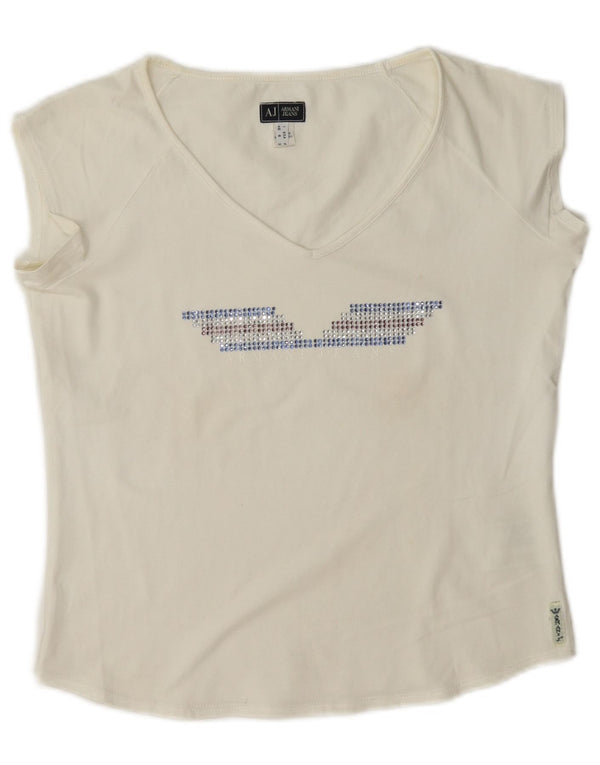 Armani Jeans Womens Crop Graphic T-Shirt Top UK 10 Small White Cotton