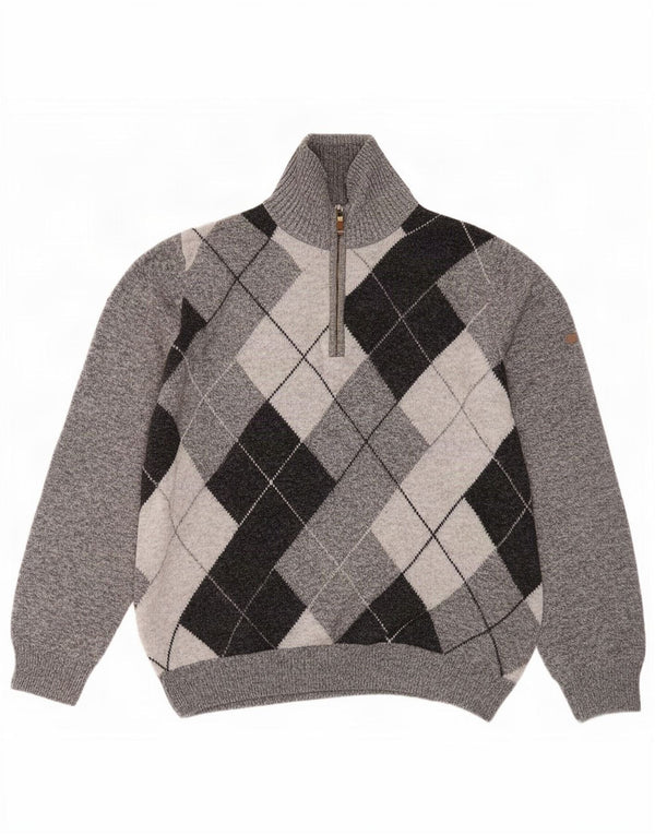 Navigare Mens Zip Neck Jumper Sweater Large Grey Argyle/Diamond Merino Wool