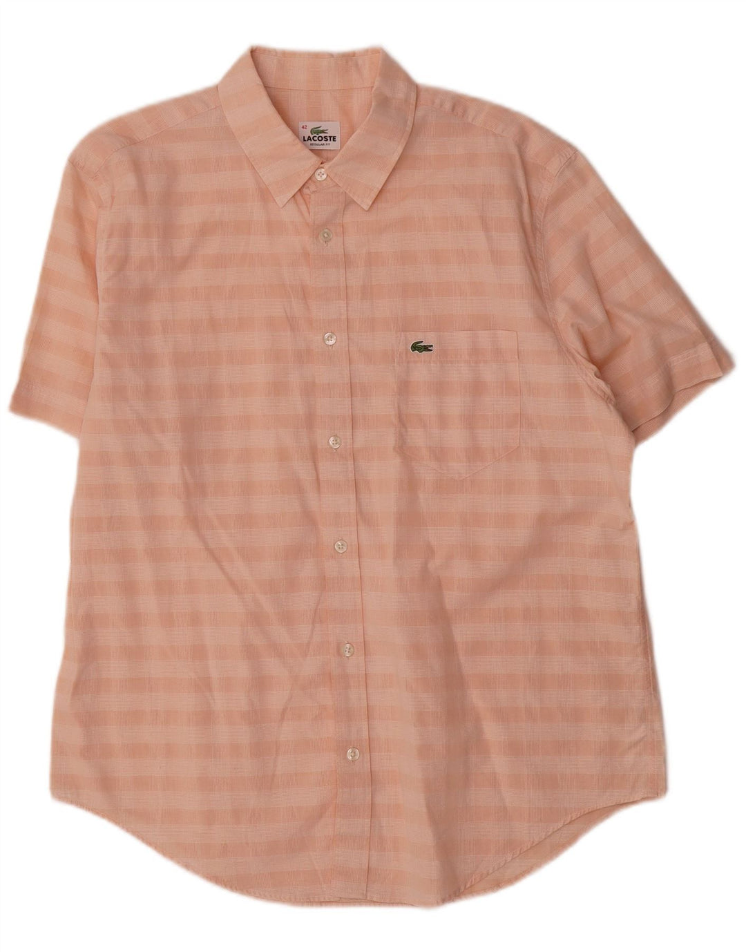 Lacoste Mens Short Sleeve Regular Fit Shirt Size 42 Large Pink Check Cotton