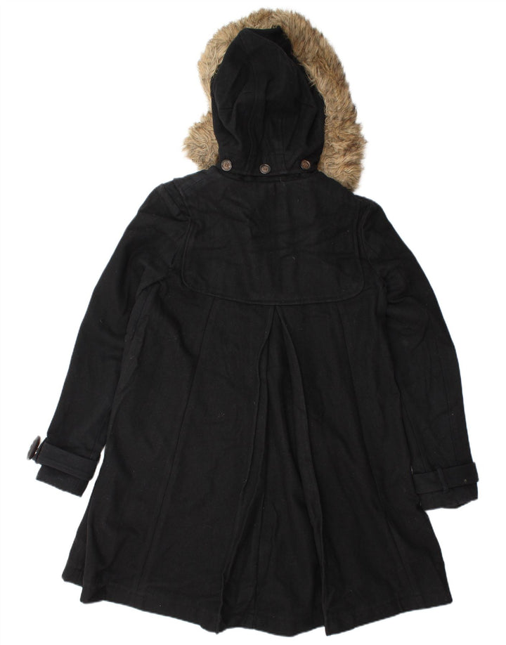 Vintage Womens Hooded Duffle Coat UK 10 Small Black Wool