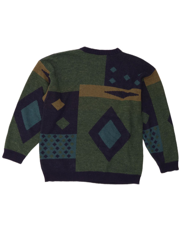 Vintage Mens Crew Neck Jumper Sweater Medium Green Geometric