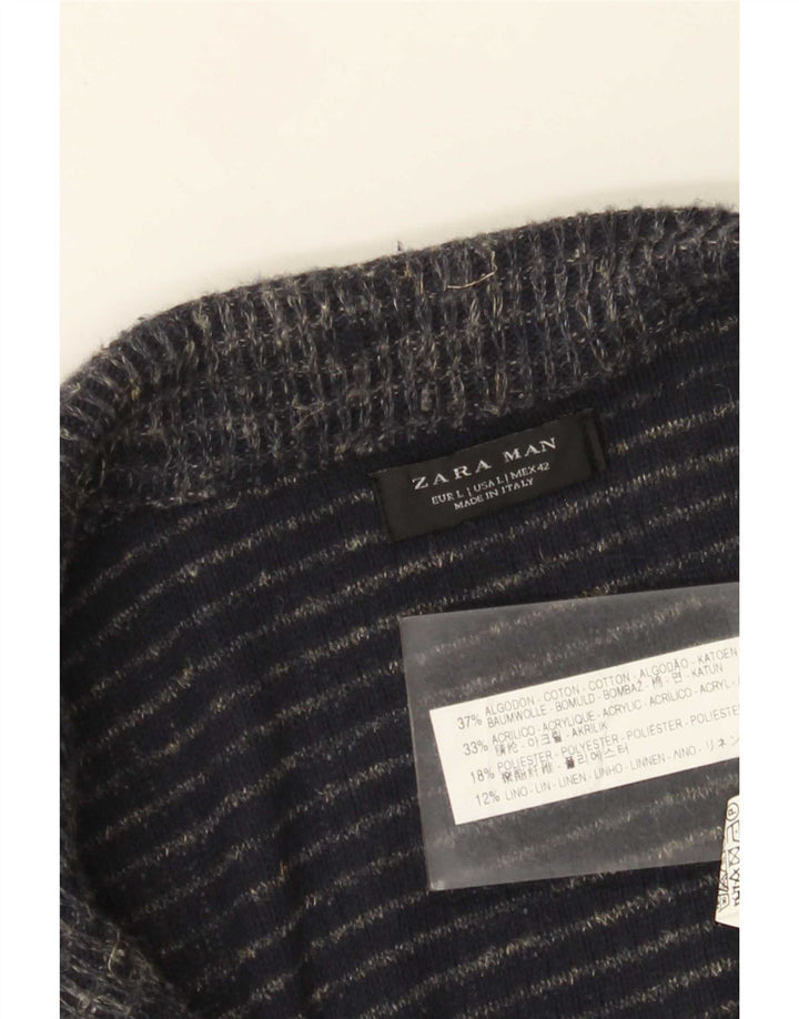 Zara Mens Cardigan Sweater Large Navy Blue Flecked Cotton