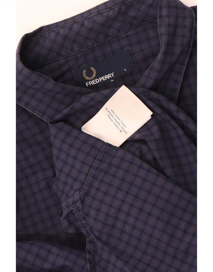 FRED PERRY Mens Shirt Large Navy Blue Gingham Cotton