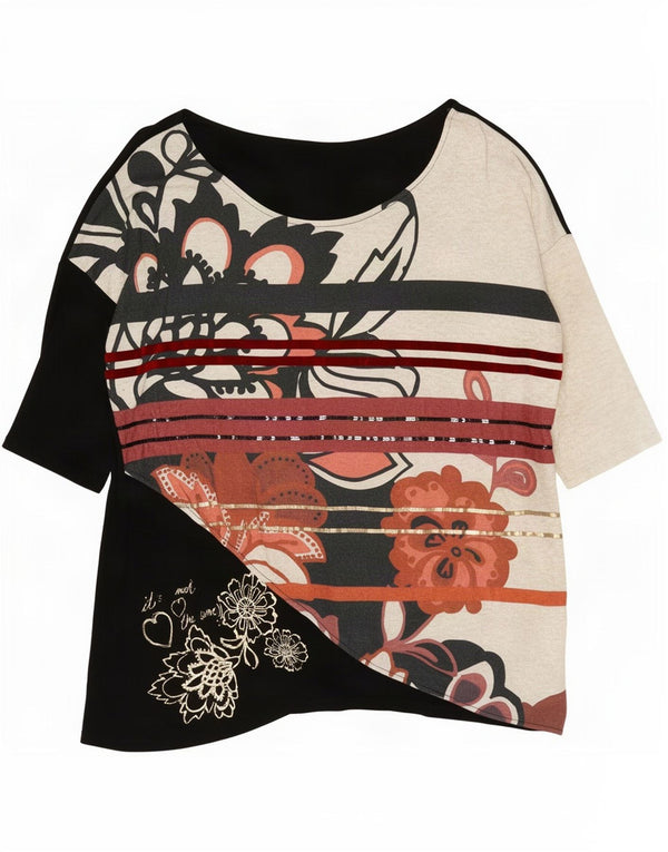 Desigual Womens Graphic Top 3/4 Sleeve UK 14 Medium Black Colourblock