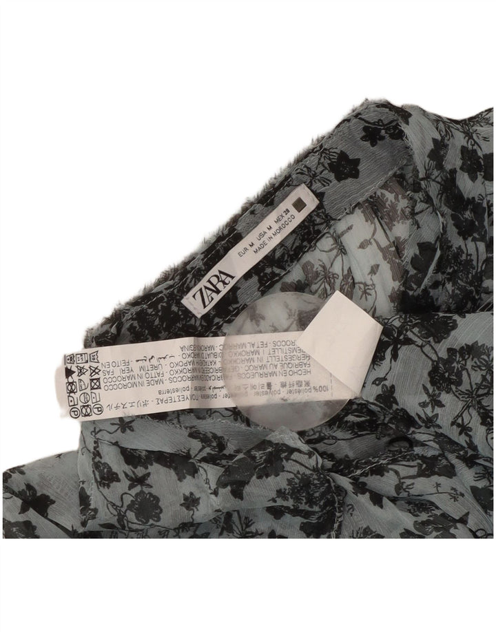 Zara Womens See Through Long Sleeve Blouse Top UK 14 Medium Blue Floral