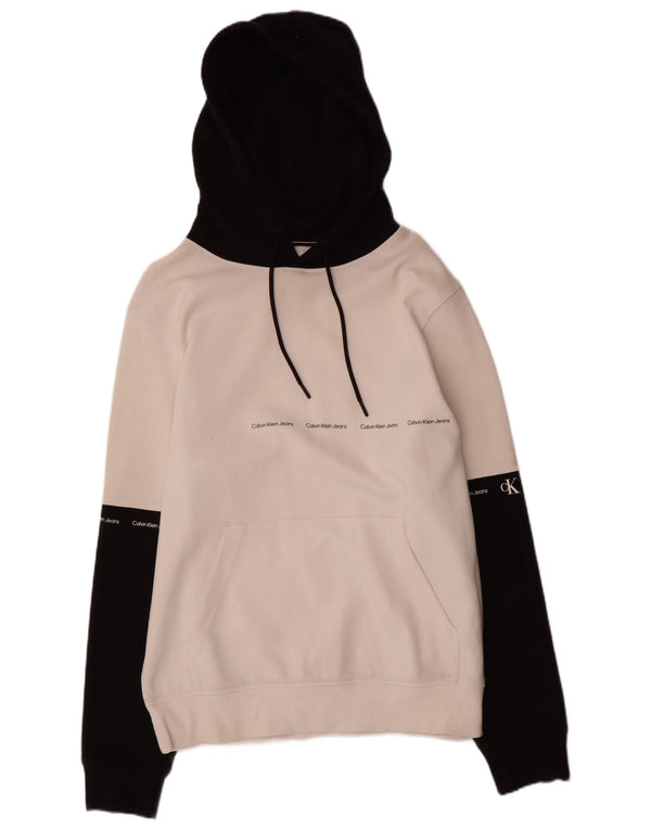 Calvin Klein Jeans Mens Graphic Hoodie Jumper Large Off White Colourblock