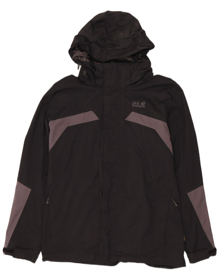 JACK WOLFSKIN Mens Hooded Rain Jacket UK 36/38 Medium Black Colourblock