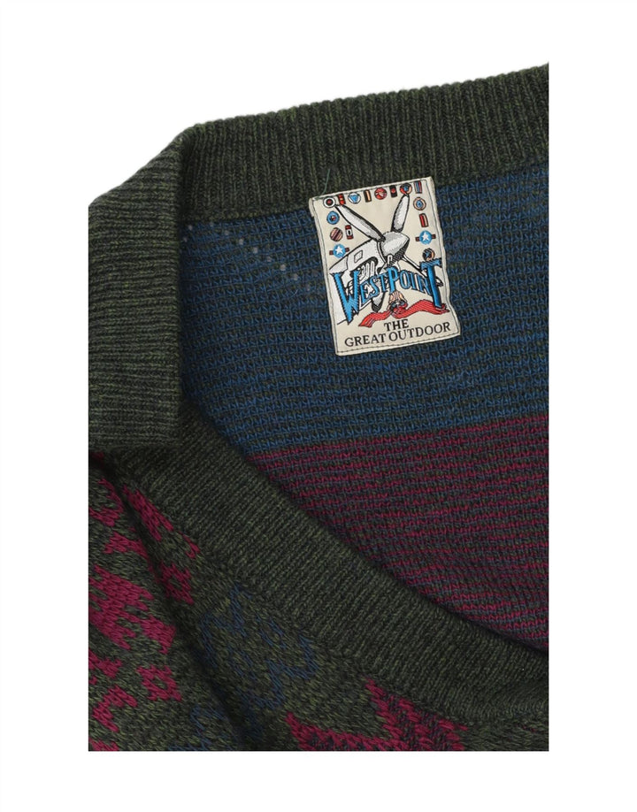 WEST POINT Mens Cardigan Sweater XL Green Geometric Vintage West Point and Second-Hand West Point from Messina Hembry 