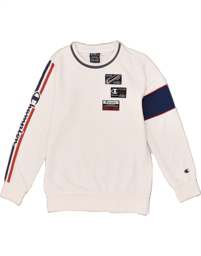 CHAMPION Boys Graphic Sweatshirt Jumper 9-10 Years Medium White | Vintage Champion | Thrift | Second-Hand Champion | Used Clothing | Messina Hembry 