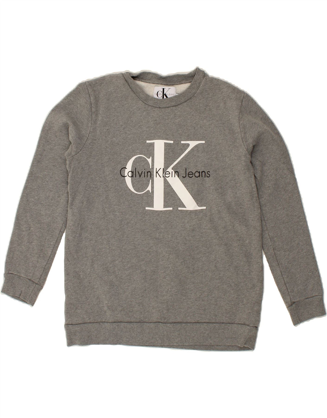 CALVIN KLEIN JEANS Womens Graphic Sweatshirt Jumper UK 14 Medium Grey Vintage Calvin Klein Jeans and Second-Hand Calvin Klein Jeans from Messina Hembry 