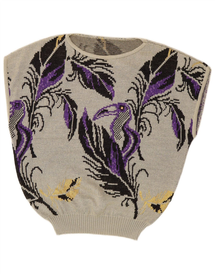 VINTAGE Womens Sleeveless Boat Neck Jumper Sweater UK 14 Large Grey Floral