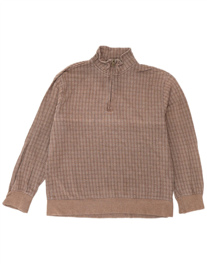 Izod Mens Zip Neck Sweatshirt Jumper Medium Brown Check Cotton