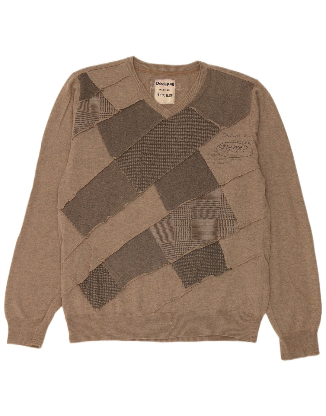 Desigual Mens V-Neck Jumper Sweater XL Brown Patchwork Wool Modern