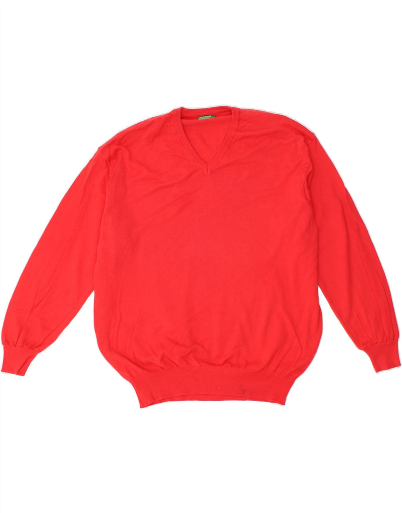 BENETTON Mens V-Neck Jumper Sweater Large Red Cotton | Vintage Benetton | Thrift | Second-Hand Benetton | Used Clothing | Messina Hembry 