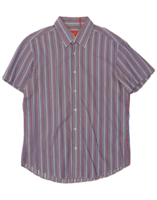 Hugo Boss Mens Short Sleeve Shirt XL Blue Striped Cotton