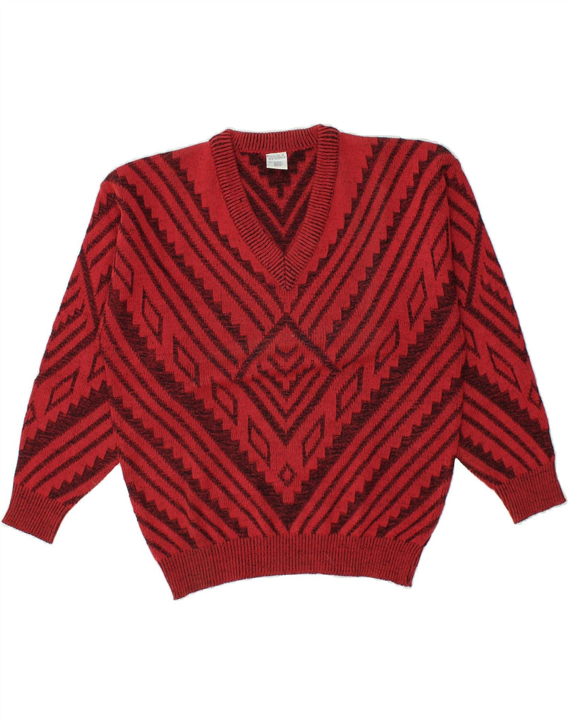 VINTAGE Mens V-Neck Jumper Sweater UK 38/40 Medium Red Geometric Acrylic | Vintage Vintage | Thrift | Second-Hand Vintage | Used Clothing | Messina Hembry 