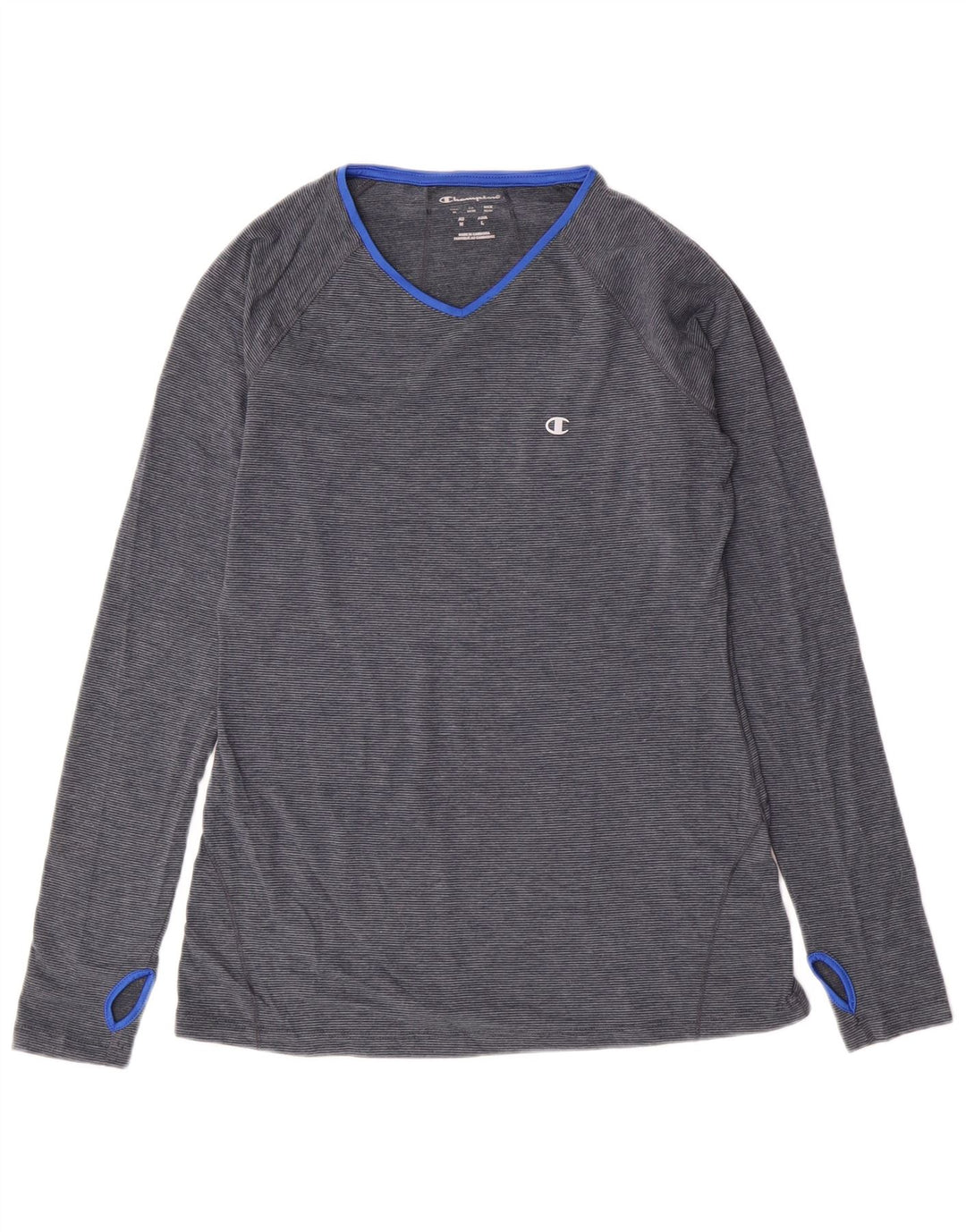 Champion Womens Top Long Sleeve UK 12 Medium Blue Pinstripe Polyester