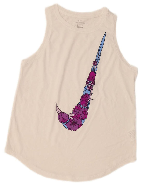 NIKE Girls Dri Fit Graphic Vest Top 13-14 Years XL White Polyester