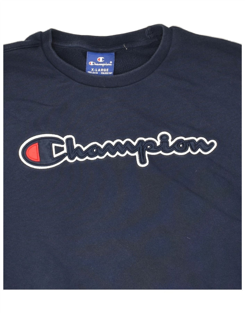 CHAMPION Boys Graphic Sweatshirt Jumper 13-14 Years XL Navy Blue Cotton | Vintage Champion | Thrift | Second-Hand Champion | Used Clothing | Messina Hembry 