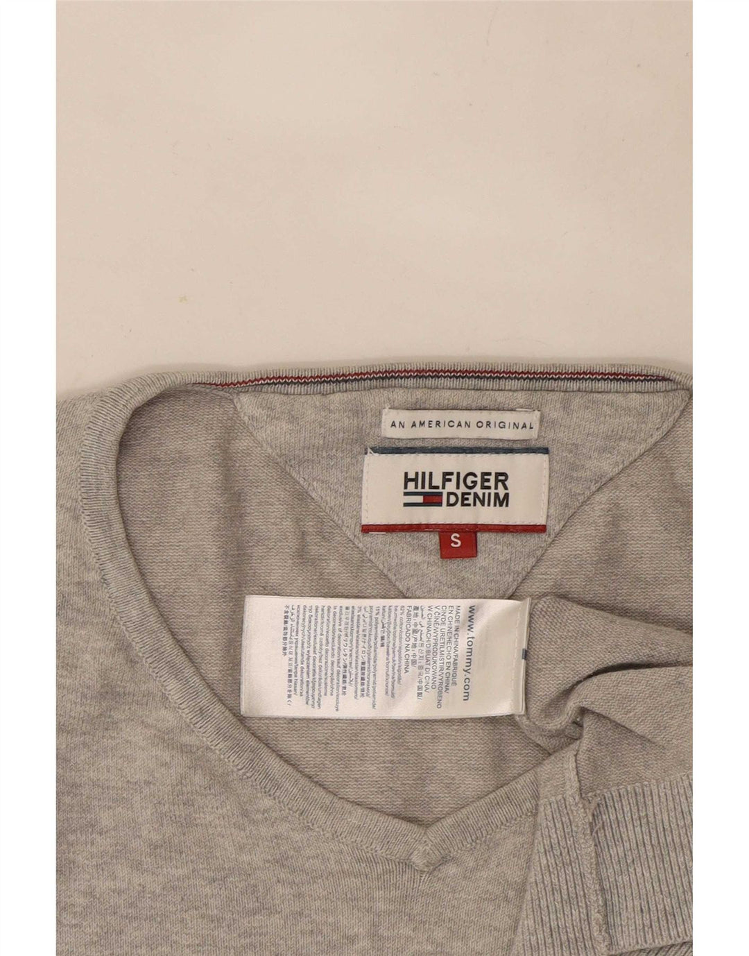 Tommy Hilfiger Mens V-Neck Jumper Sweater Small Grey Cotton
