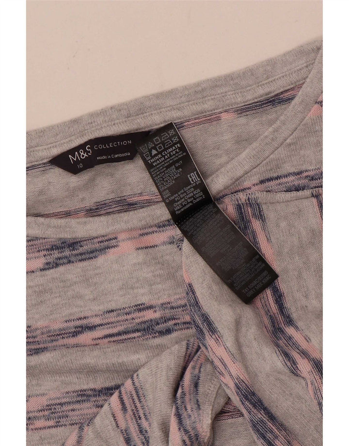 Marks & Spencer Womens Top Long Sleeve UK 10 Small Grey Striped Viscose